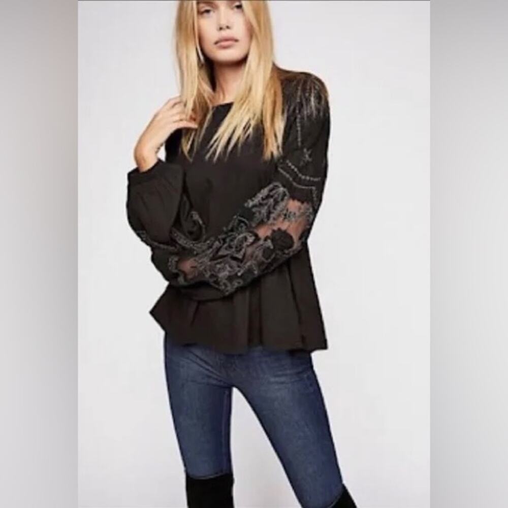 Free People Black Penny Tee long sleeve Top Sz Medium